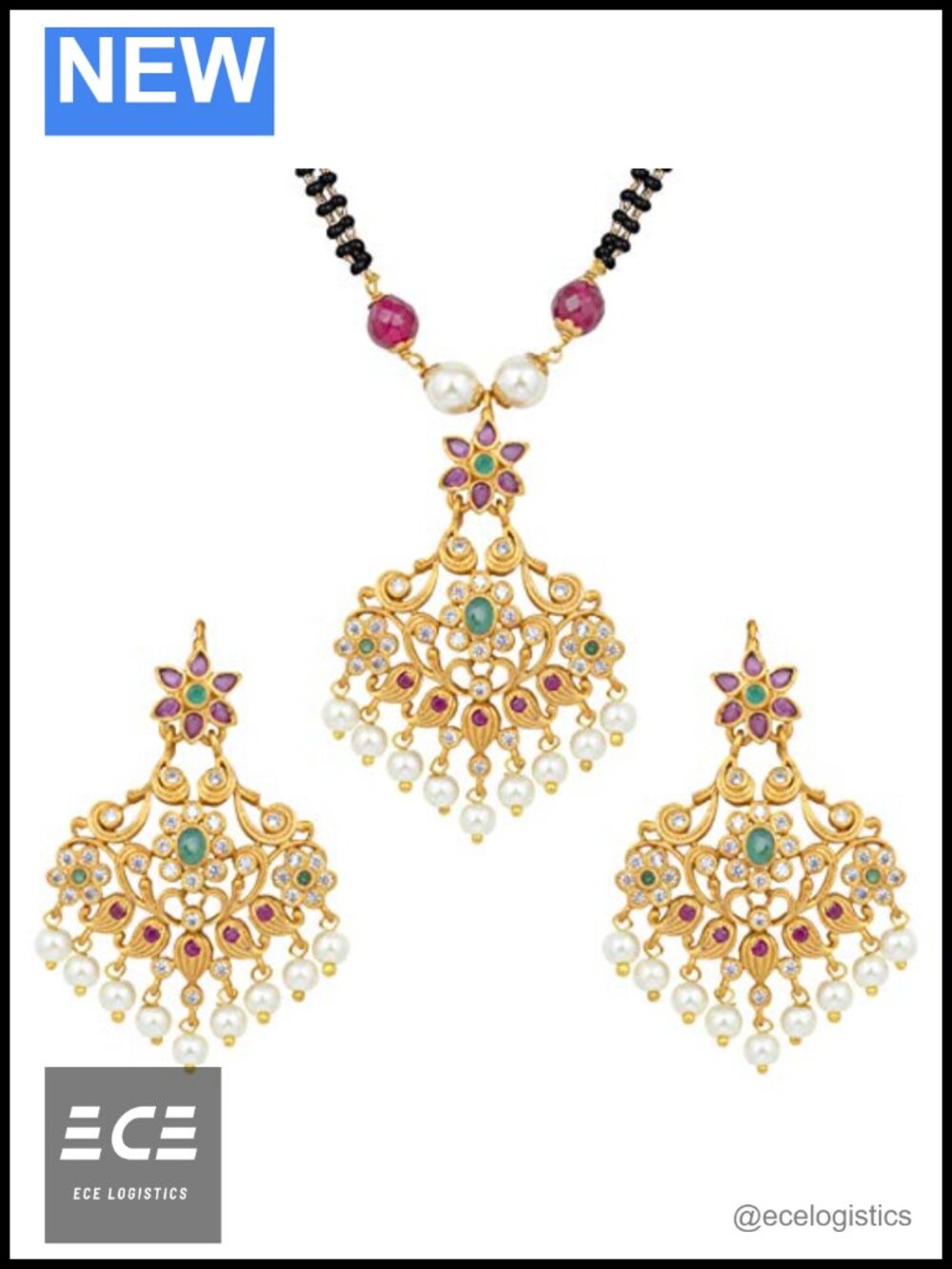 Gold Plated Faux Pearl Mangalsutra Necklace Earrings Set